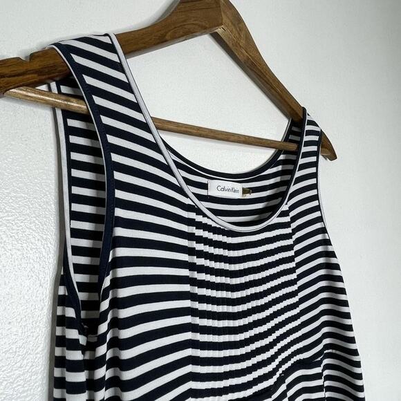 Calvin Klein Dress Womens 8 Black White Striped Sleeveless Pocket Midi Nautical - Picture 2 of 7